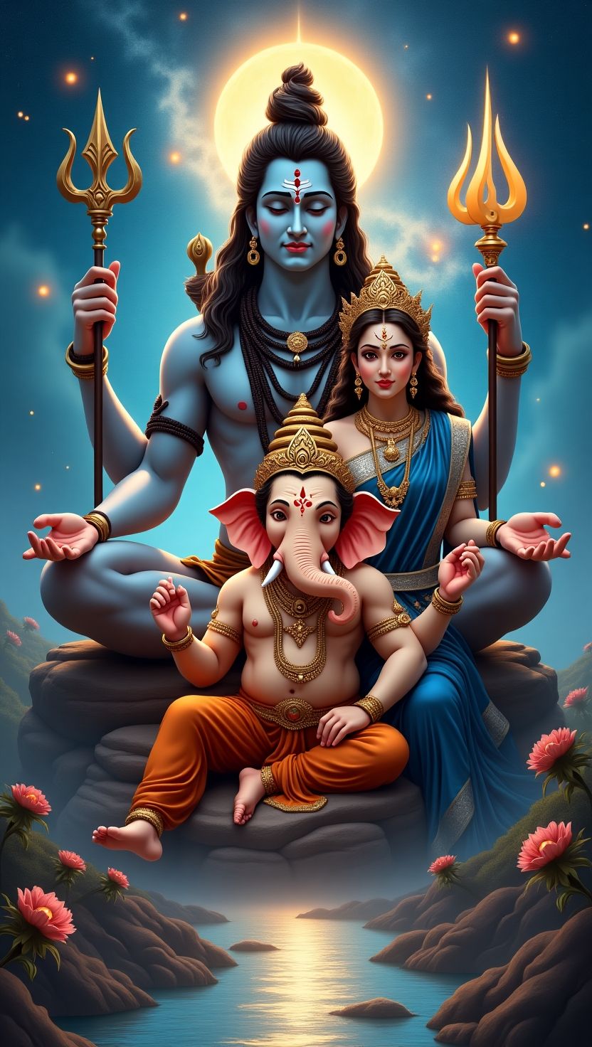 Shiva Parvati Ganesha divine family scene