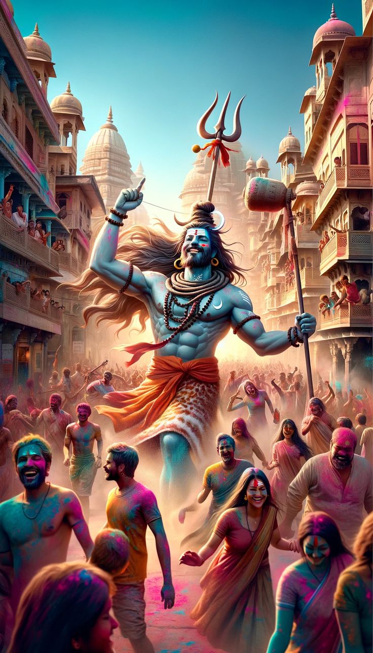 Lord Shiva celebrating Holi in the city