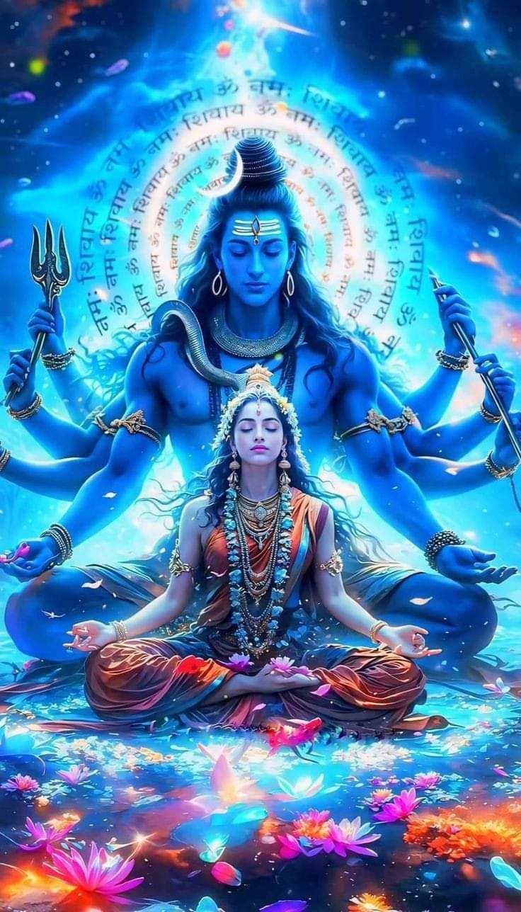 Shiva Parvati meditating amongst mantras