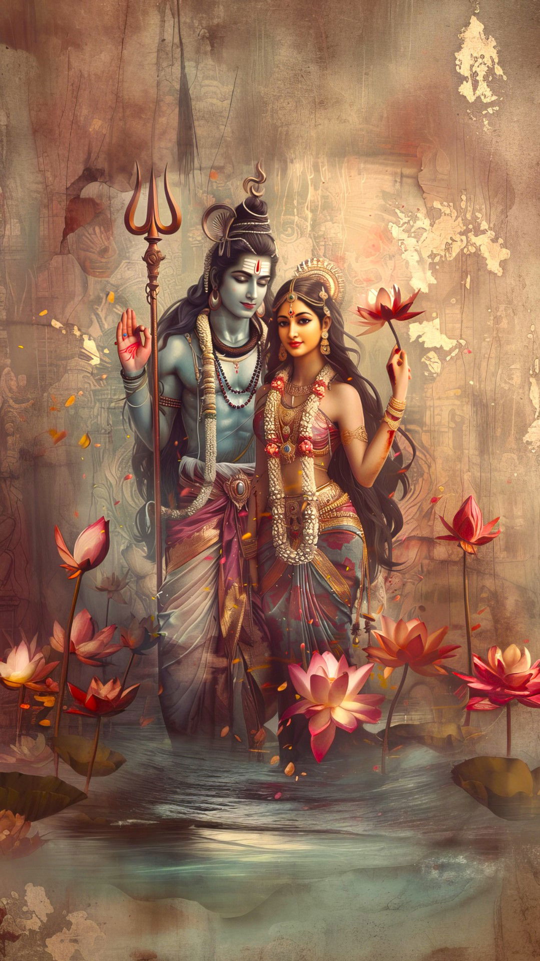 Shiva and Parvati amidst lotus blossoms.