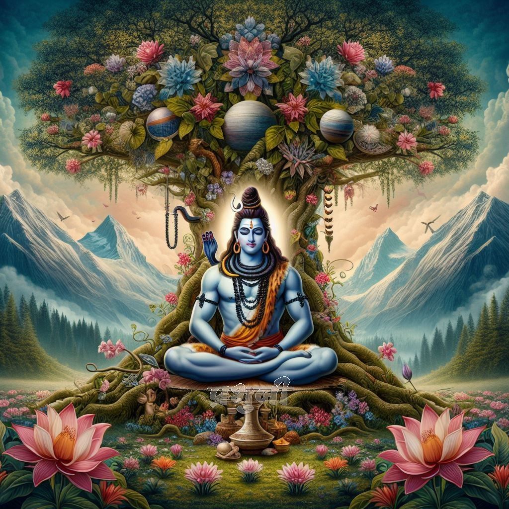 Shiva meditating under a blossoming tree