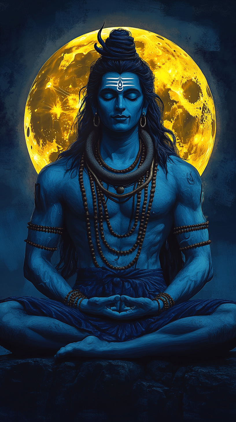 Meditating Shiva amidst a golden moon.
