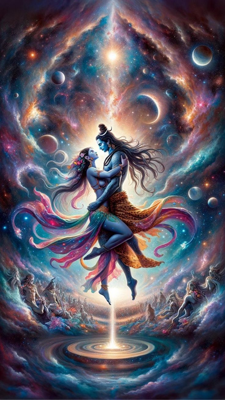 Shiva Parvati embrace in cosmic galaxy