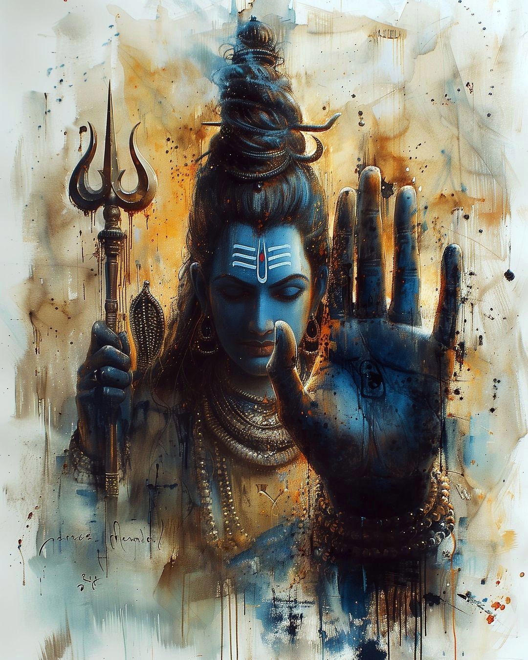 Blue-skinned Shiva with Trishul and Damru
