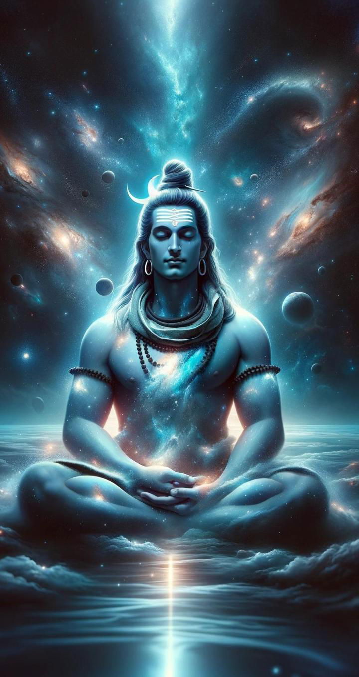 Shiva meditating in a cosmic setting