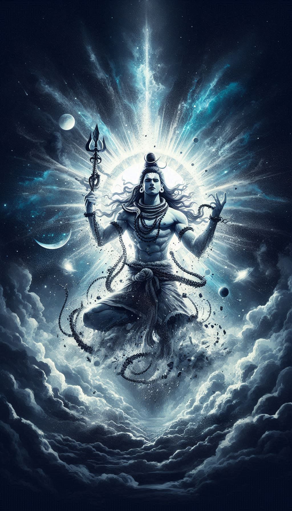 Shiva meditating amidst cosmic energy