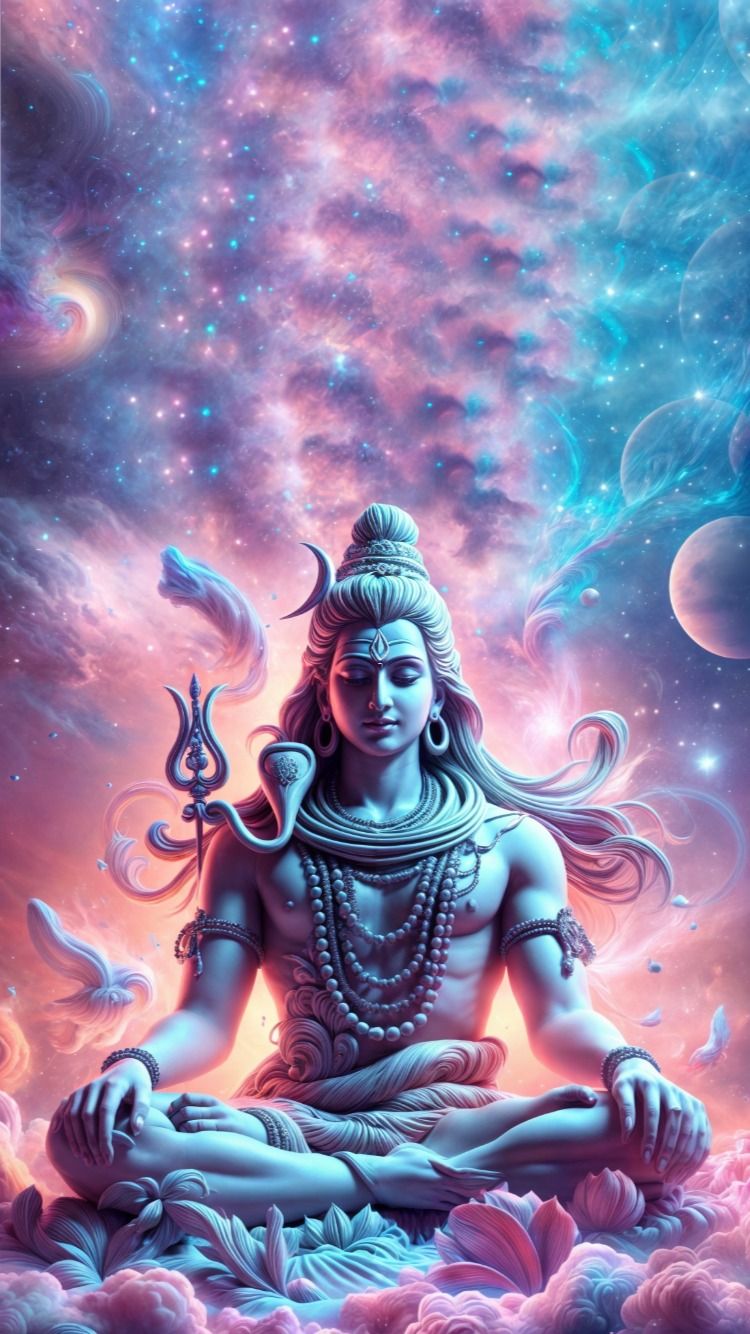Meditating Shiva amidst cosmic background