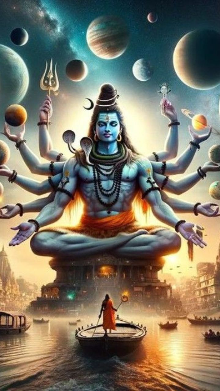 Shiva meditating amidst planets and stars