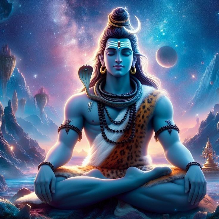 Meditating Shiva amidst starry cosmos.