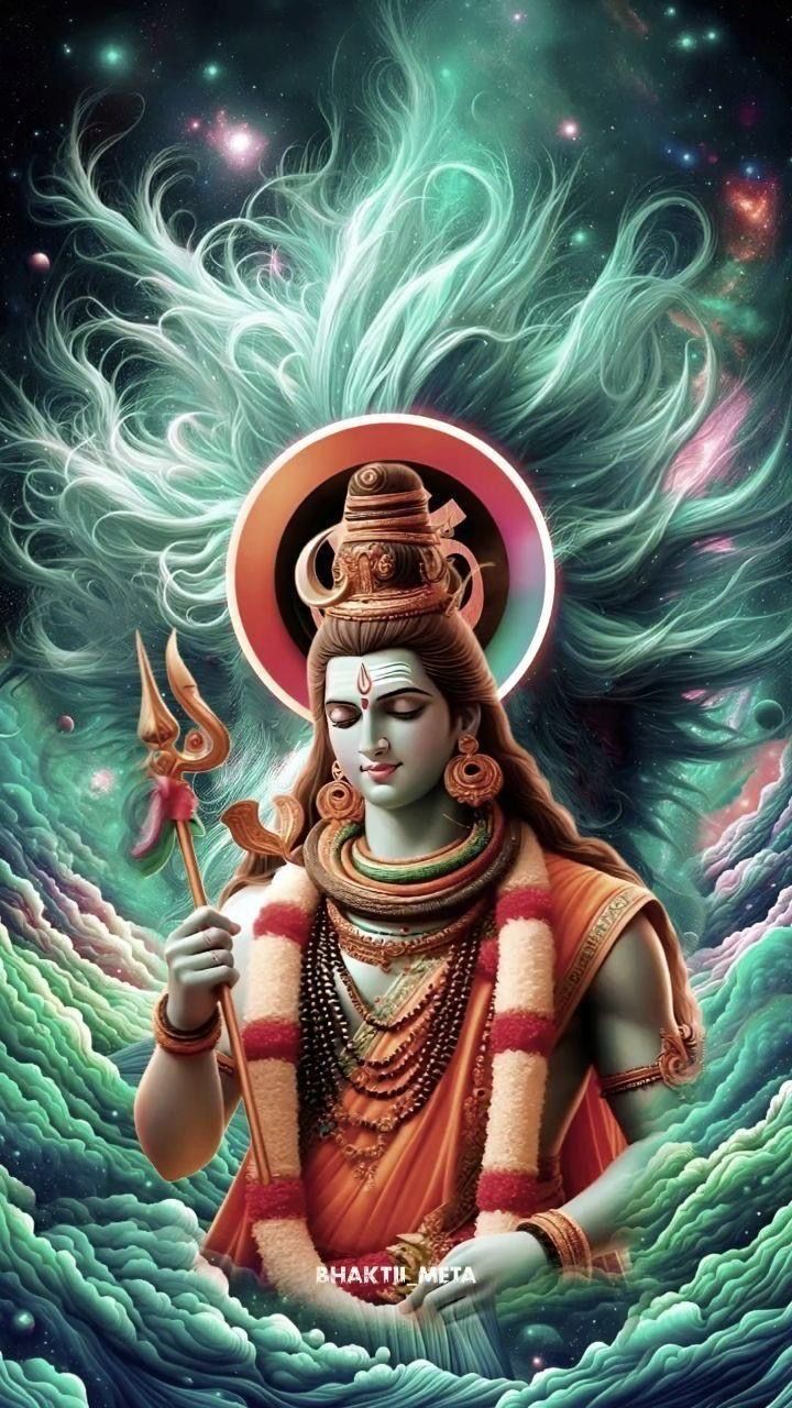 Shiva holding trident amidst cosmic swirl