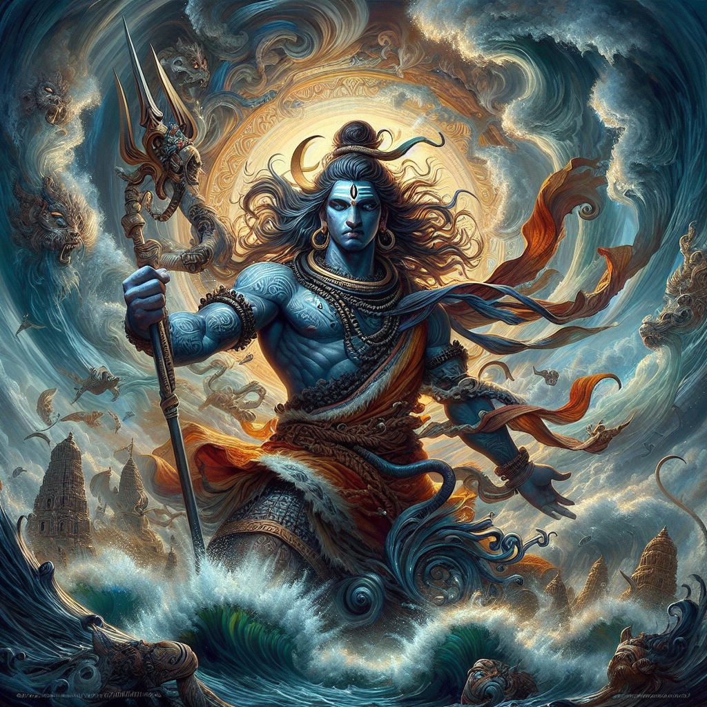 Powerful shiva with trident and ocean