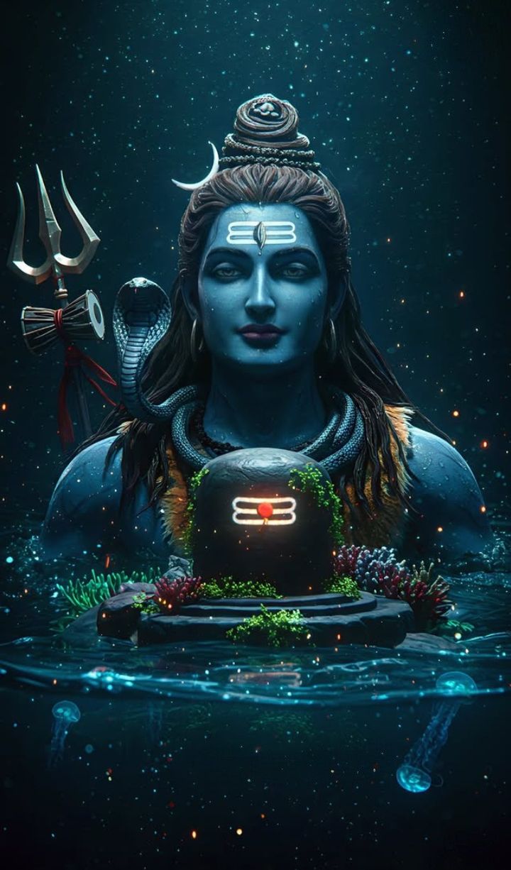 Blue Shiva meditating with trident and serpent