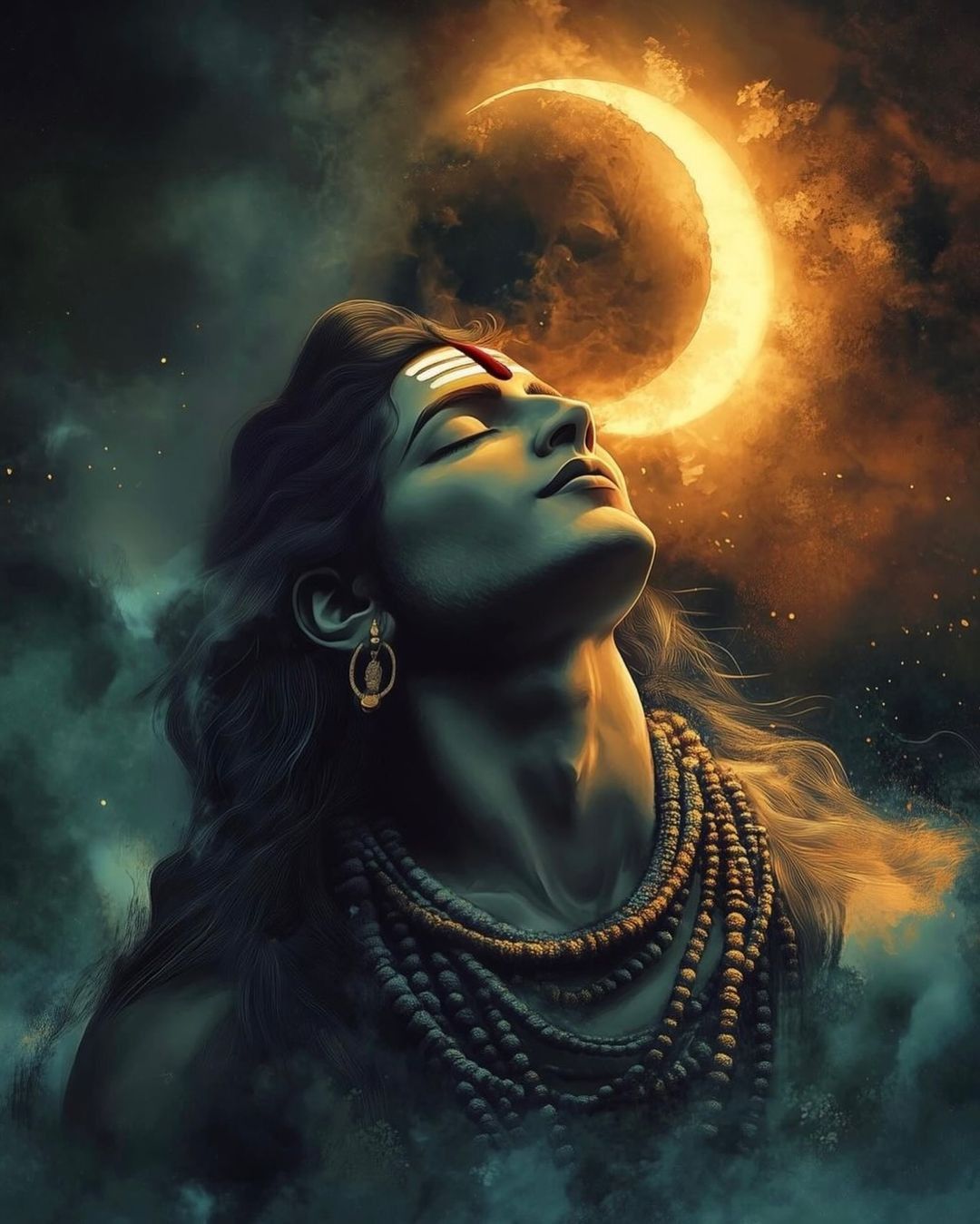 Shiva meditating under the crescent moon
