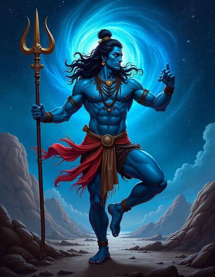 Powerful Shiva standing in cosmic galaxy