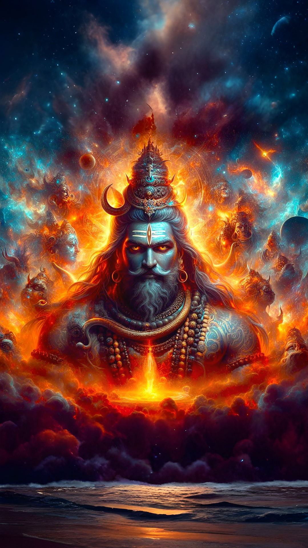 Fiery Shiva amidst cosmic nebula