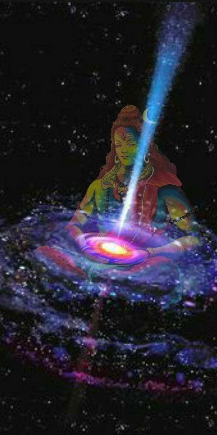 Shiva meditating amidst a cosmic galaxy