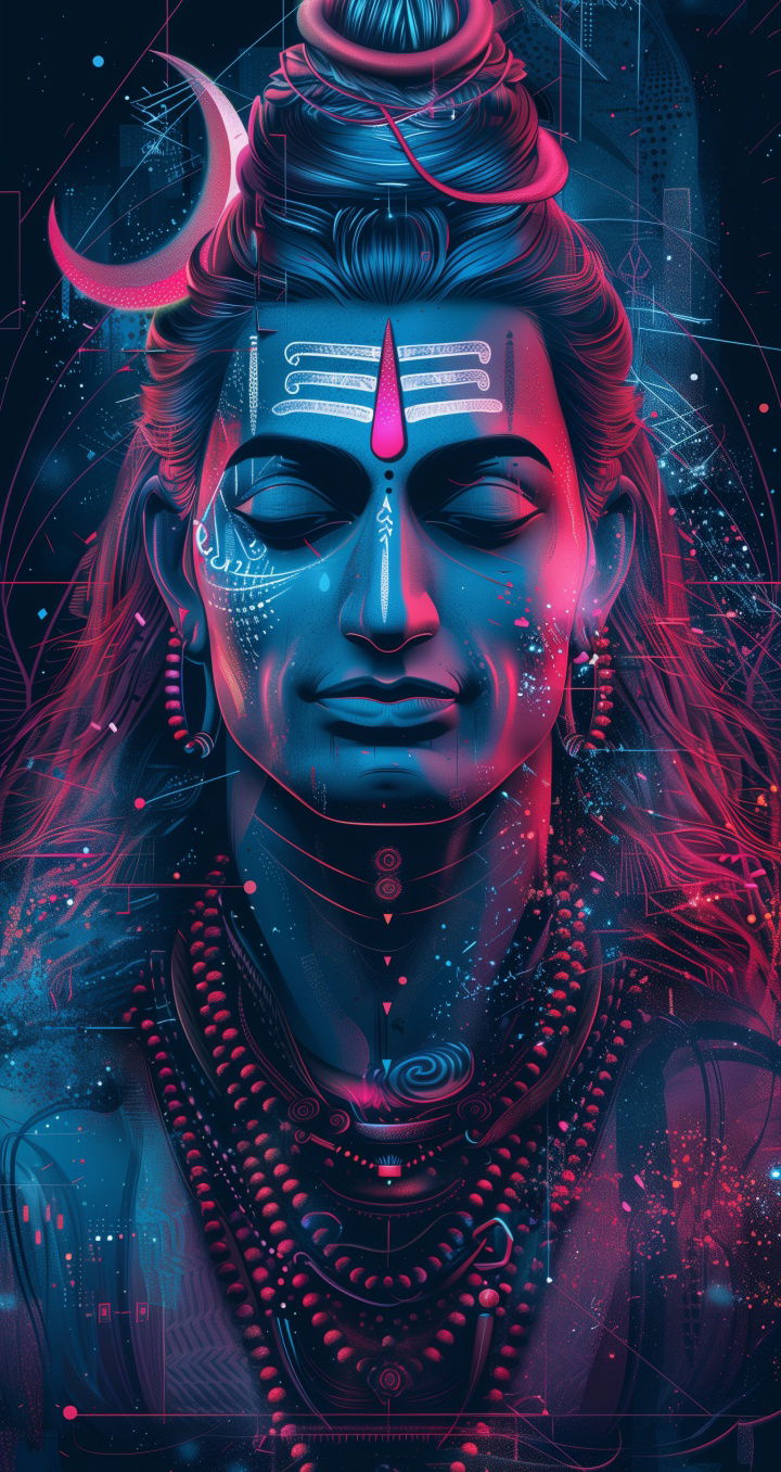 Meditating Shiva with cosmic details.