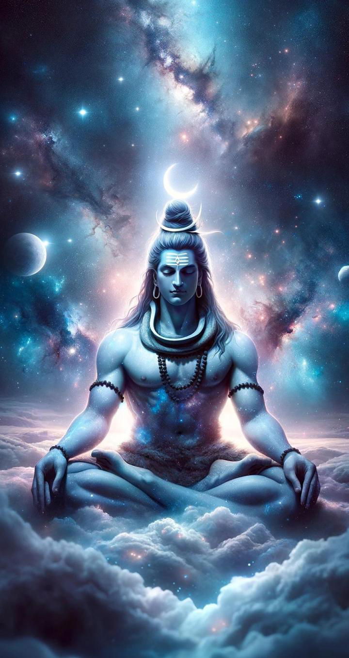 Meditating Shiva amidst stars and clouds