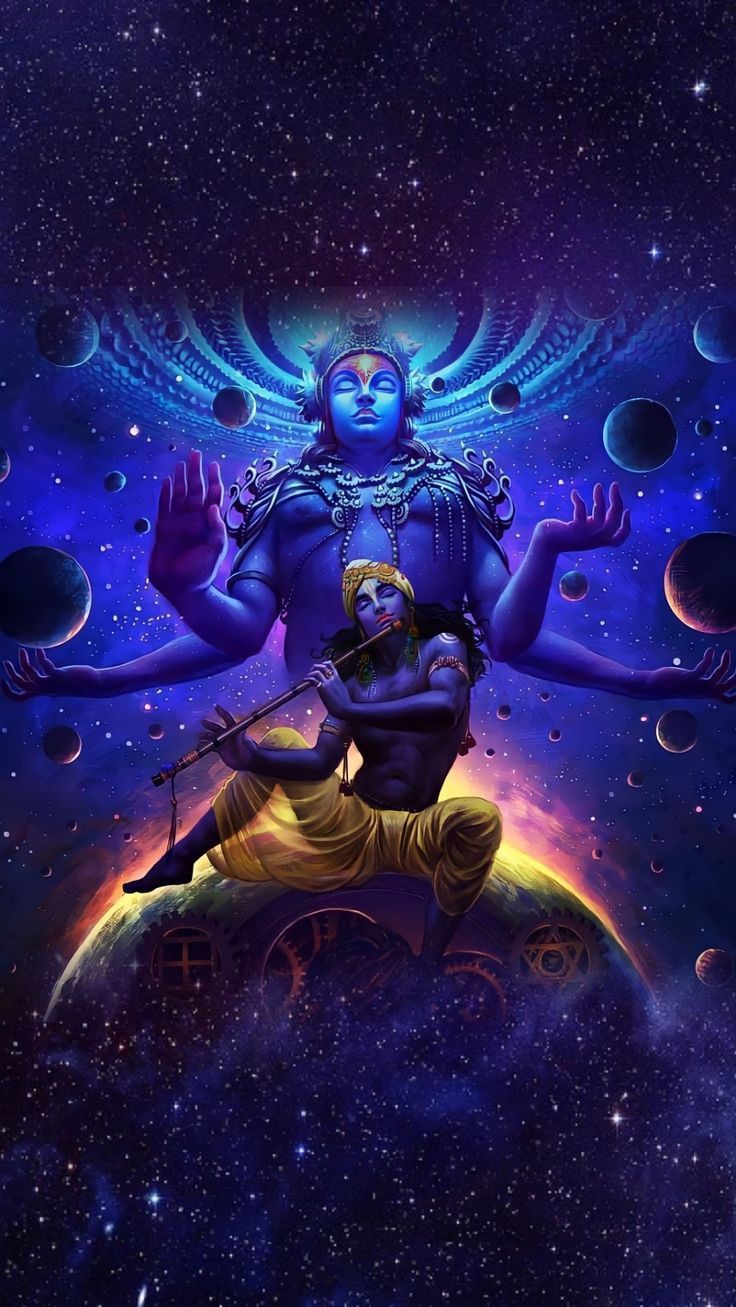 Shiva meditating amidst stars and planets.