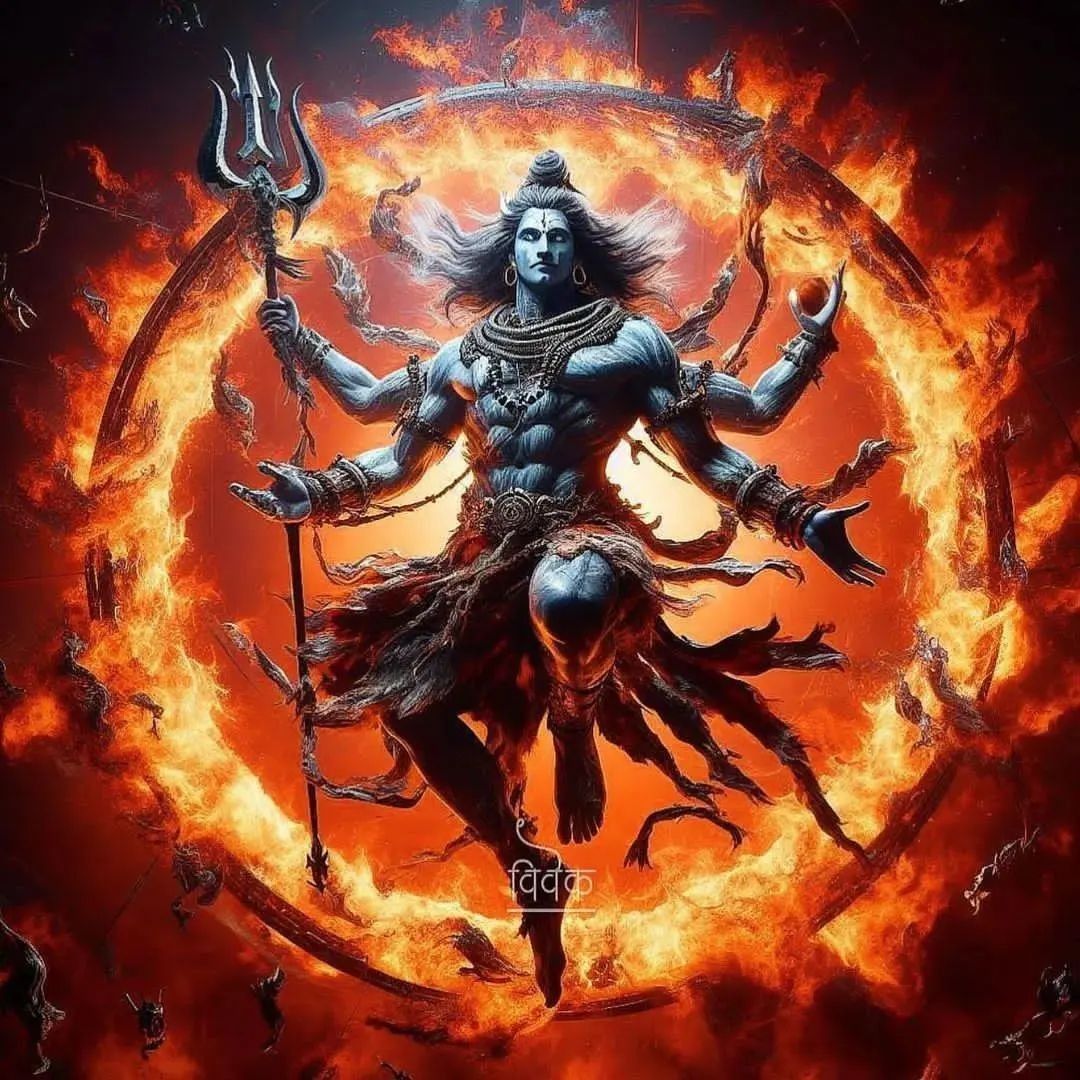 Shiva amidst fiery cosmic destruction