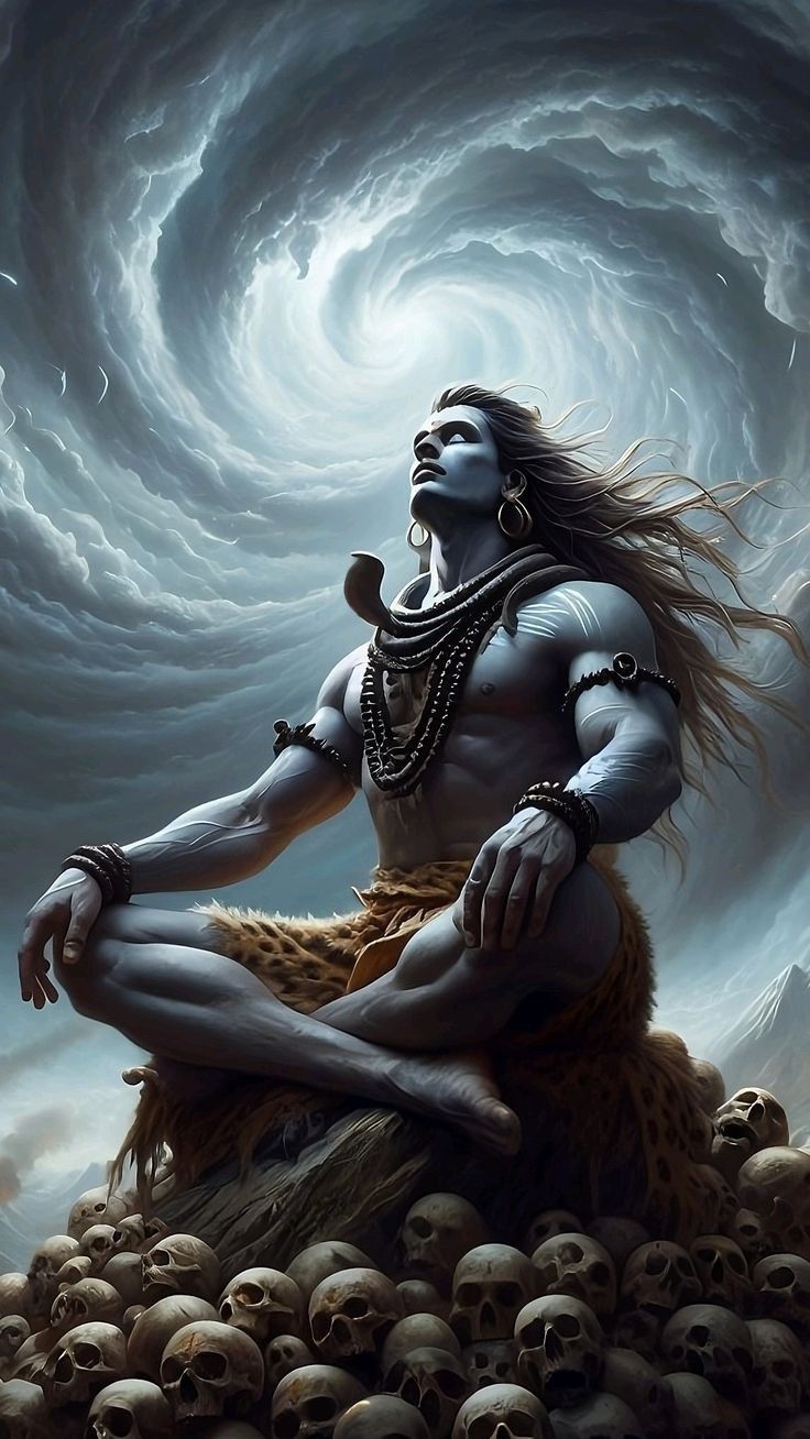 Meditating Shiva amidst swirling cosmic clouds.