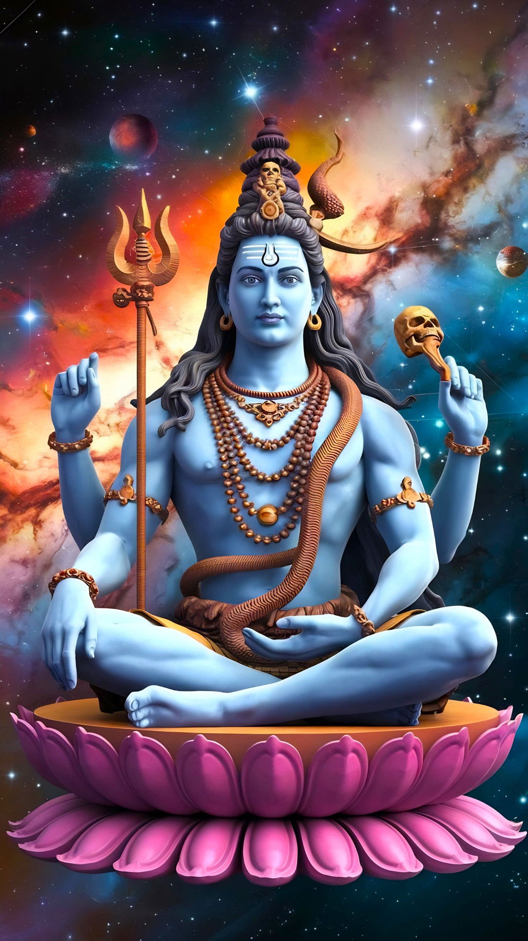 Shiva meditating in a cosmic backdrop