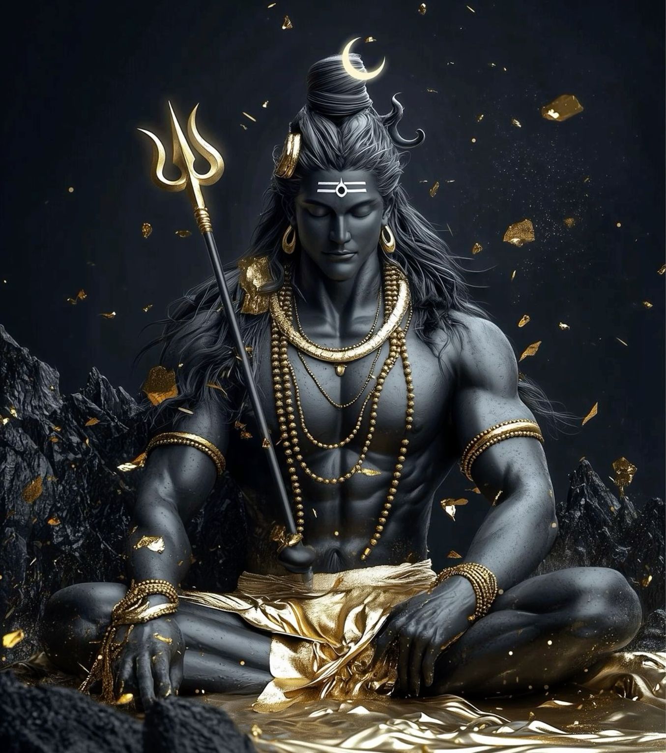 Meditating Shiva with Trishul and gold.