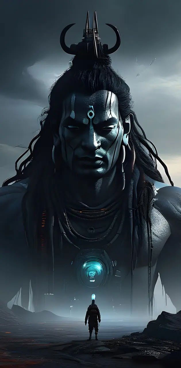 Powerful Mahadev with third eye and trident.