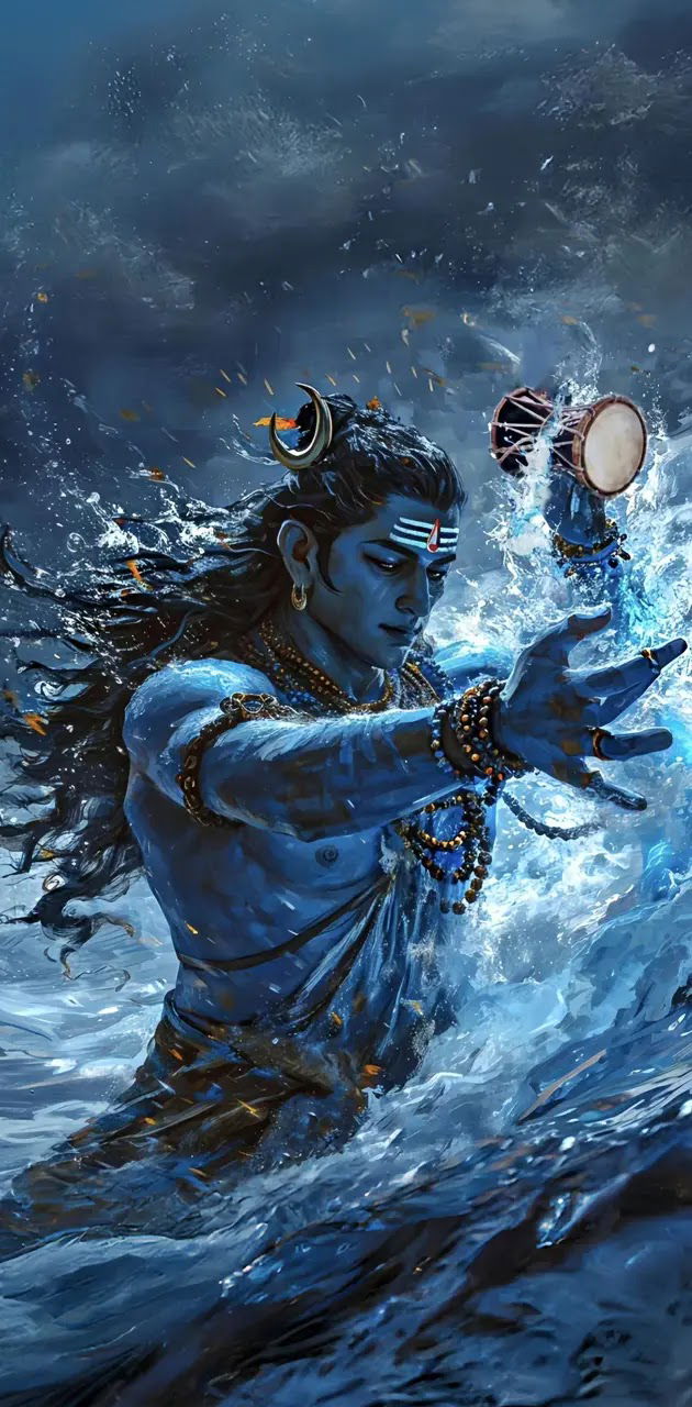 Shiva dancing with damru and serpent