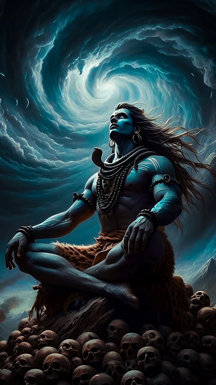 Meditating Shiva amidst cosmic swirls.