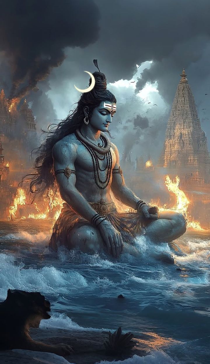 Meditating Shiva amidst cosmic elements