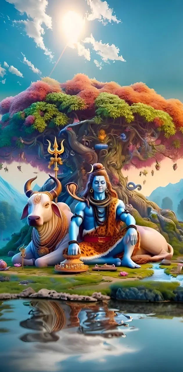 Shiva meditating with Nandi and Trishul