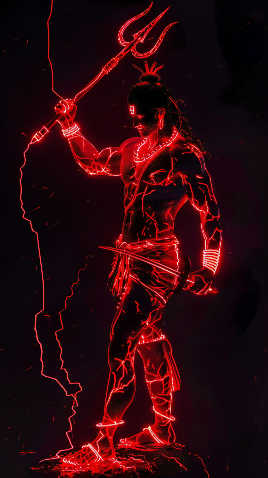 Fiery Shiva holding Trishul, glowing red.