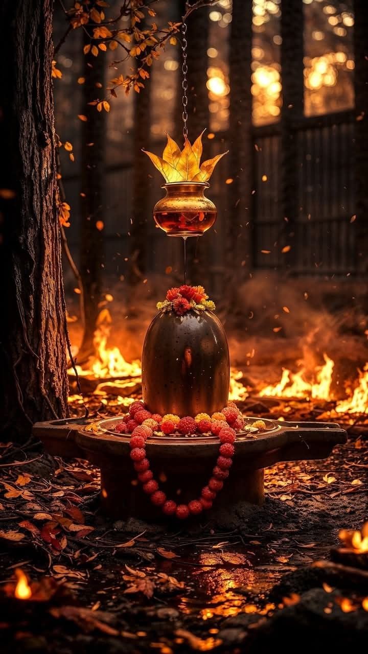 Shiva Linga amidst autumn forest flames
