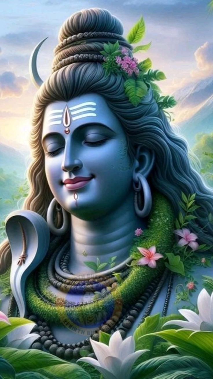 Serene Shiva portrait with flowers
