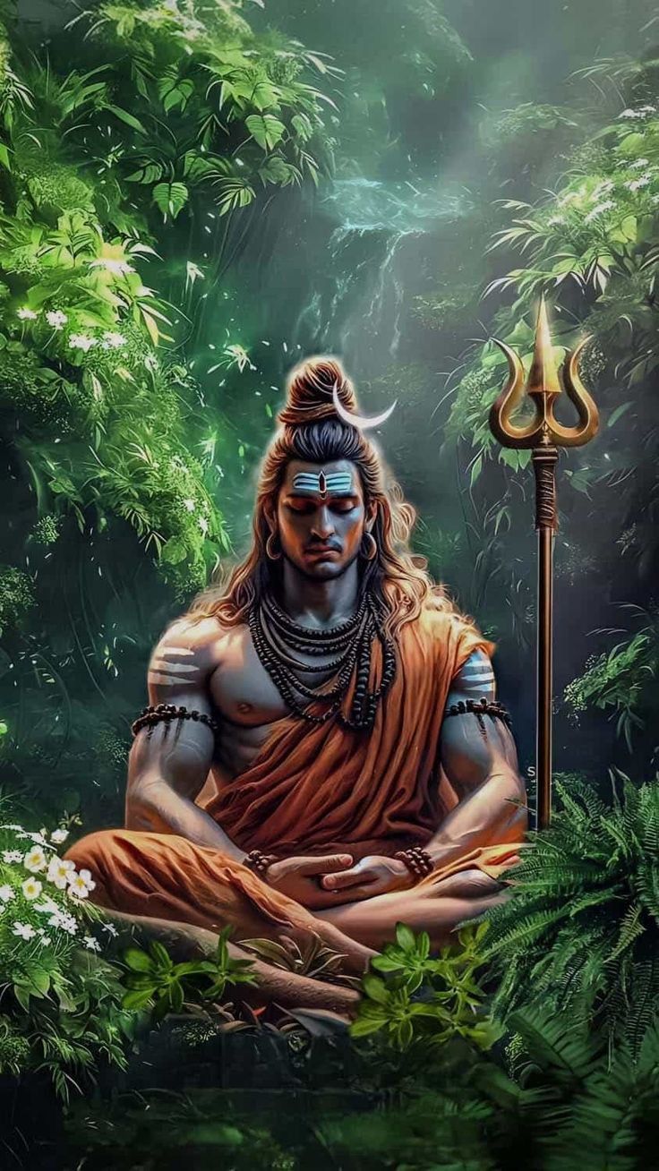 Meditating Shiva in lush forest