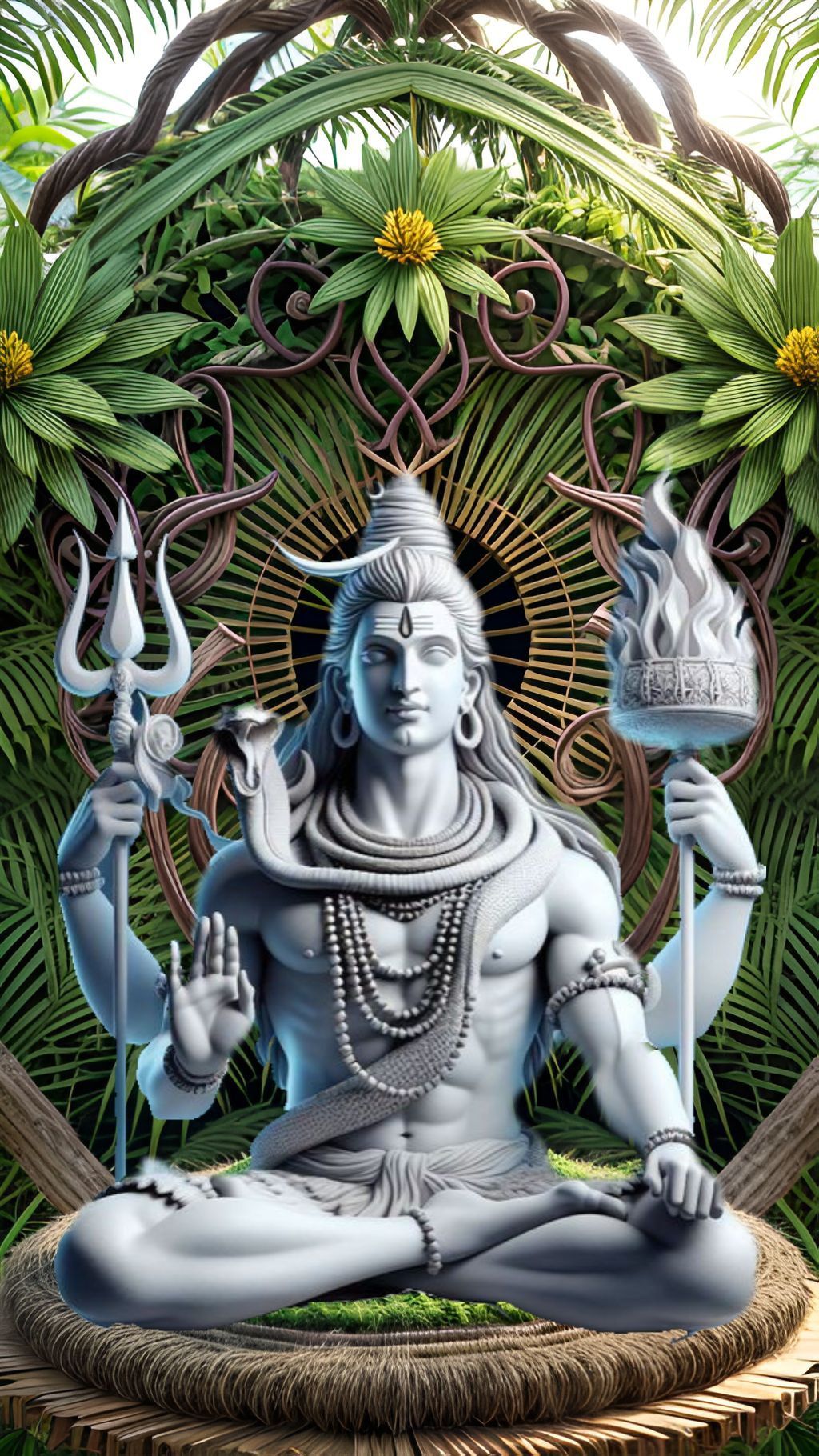 Shiva meditating in a lush forest