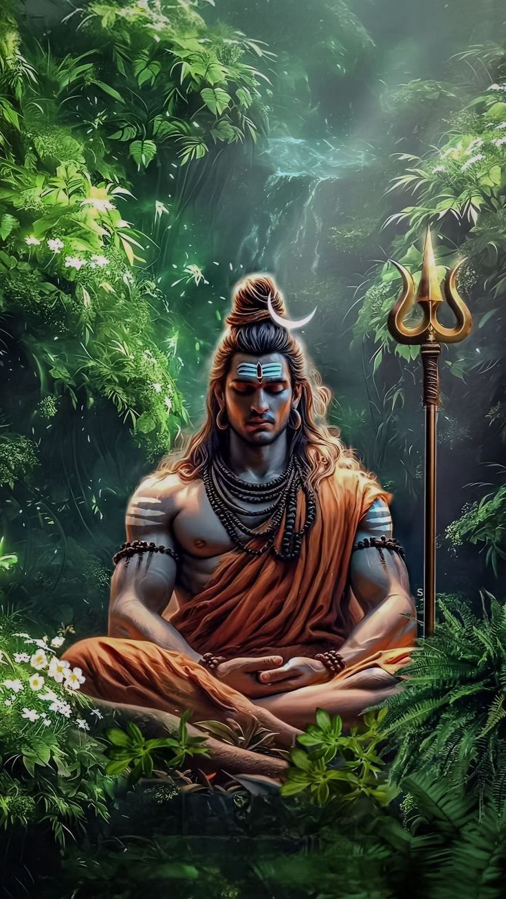 Shiva meditating in lush forest