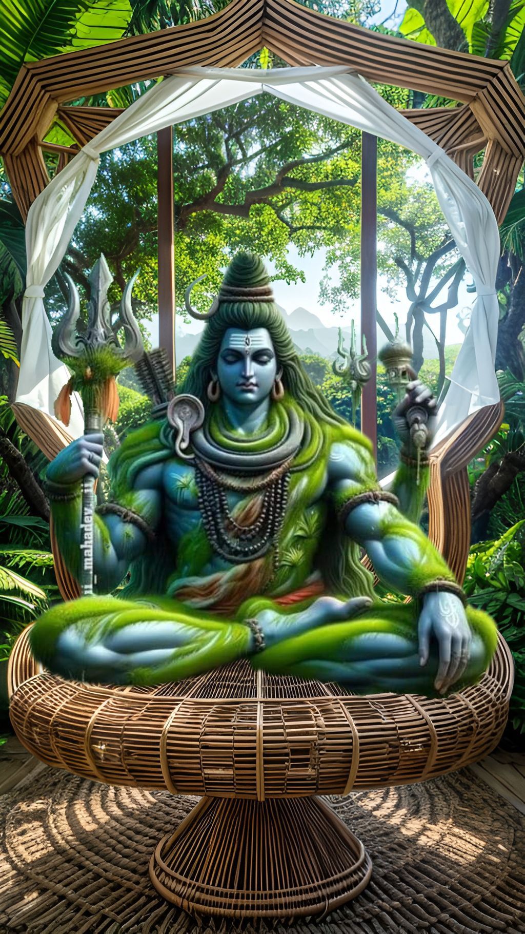Shiva meditating in a lush forest