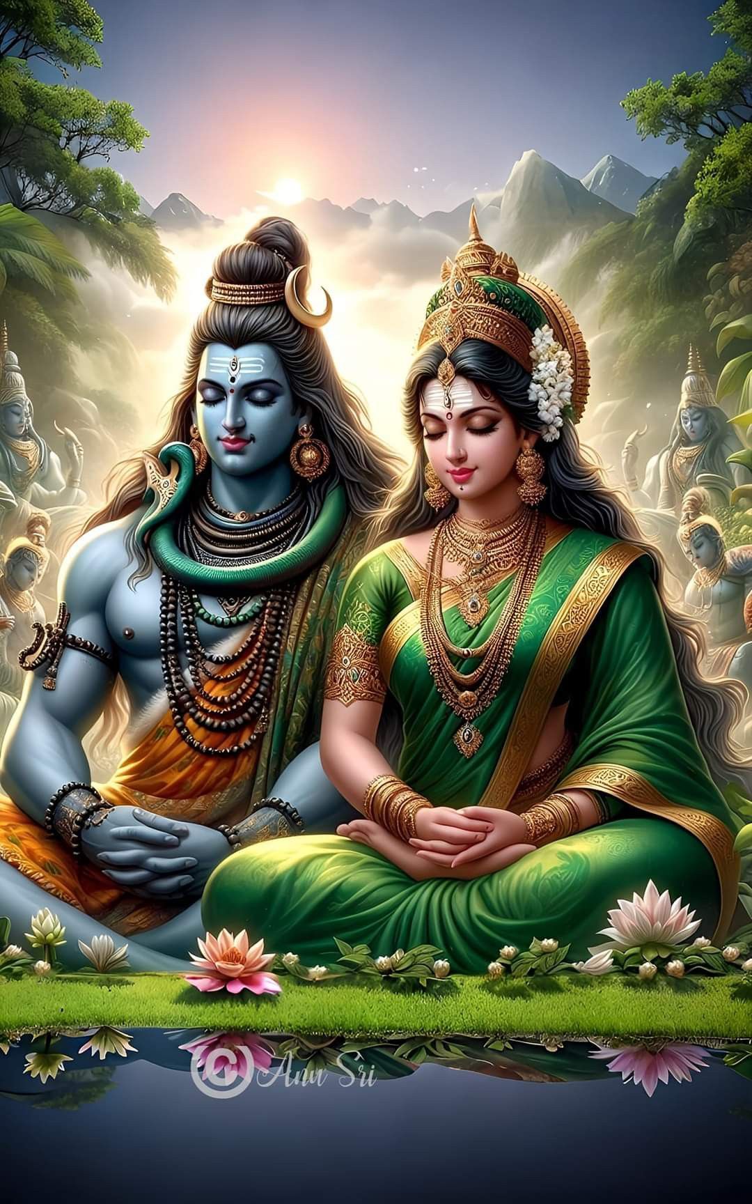 Shiva Parvati meditating amongst lotus flowers