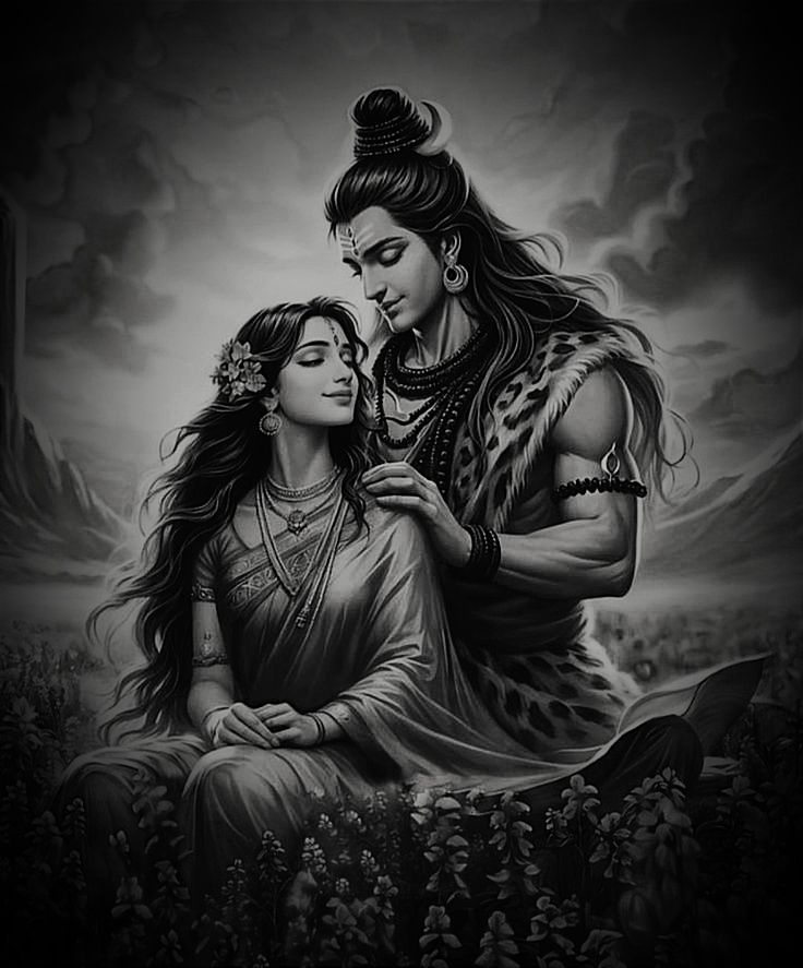 Shiva Parvati embracing in Himalayas