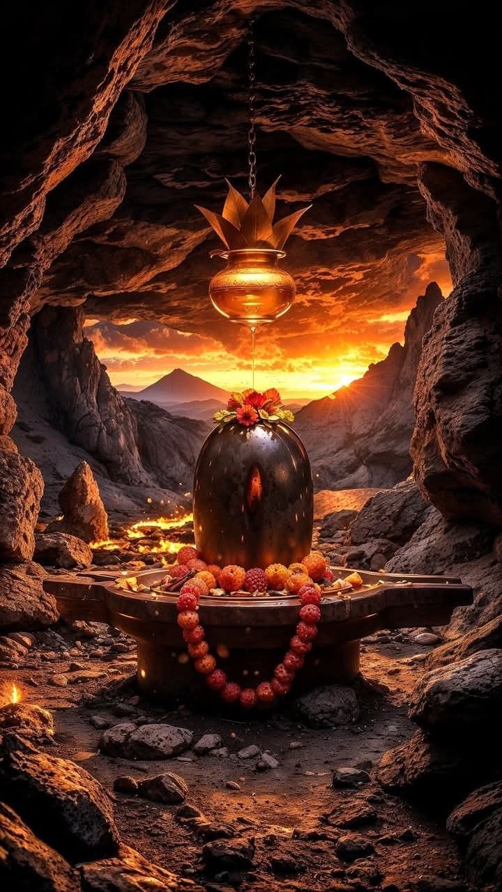 Shiva Lingam illuminated by sunset light