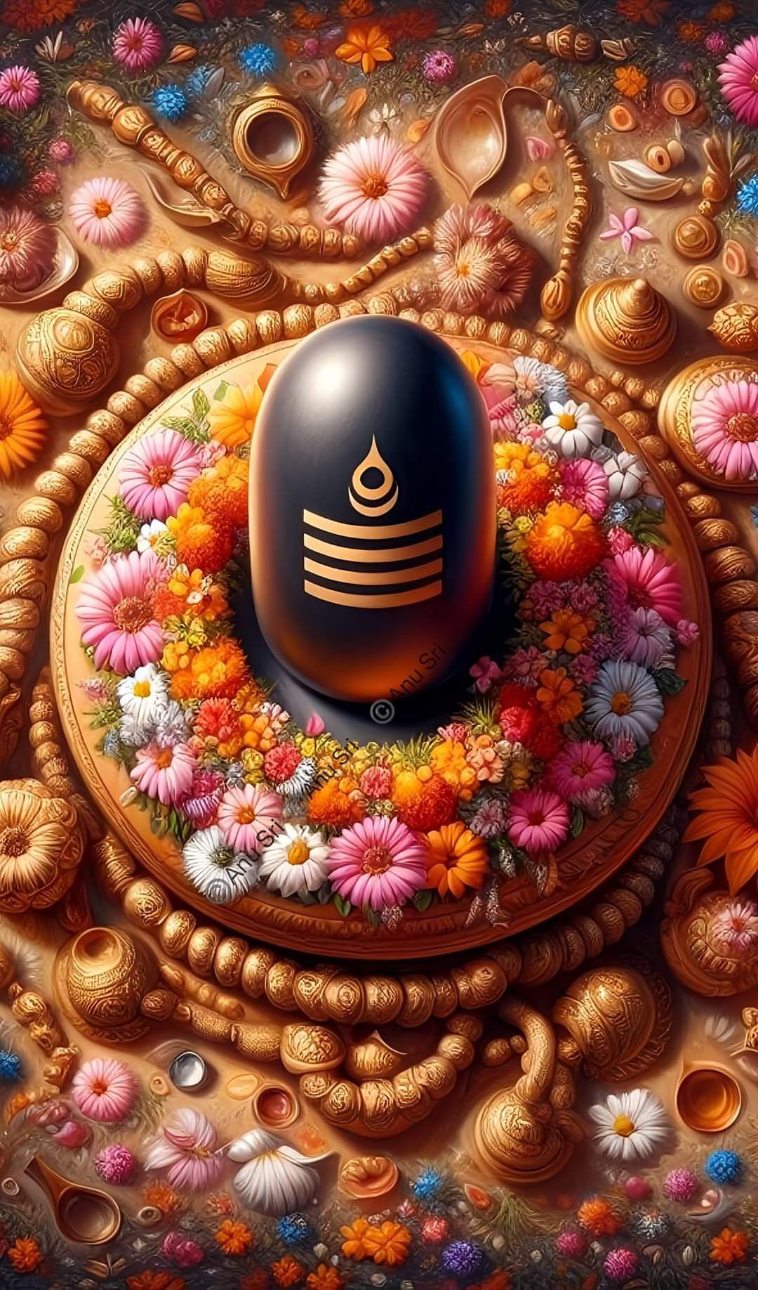 Shiva Linga amidst vibrant floral display.
