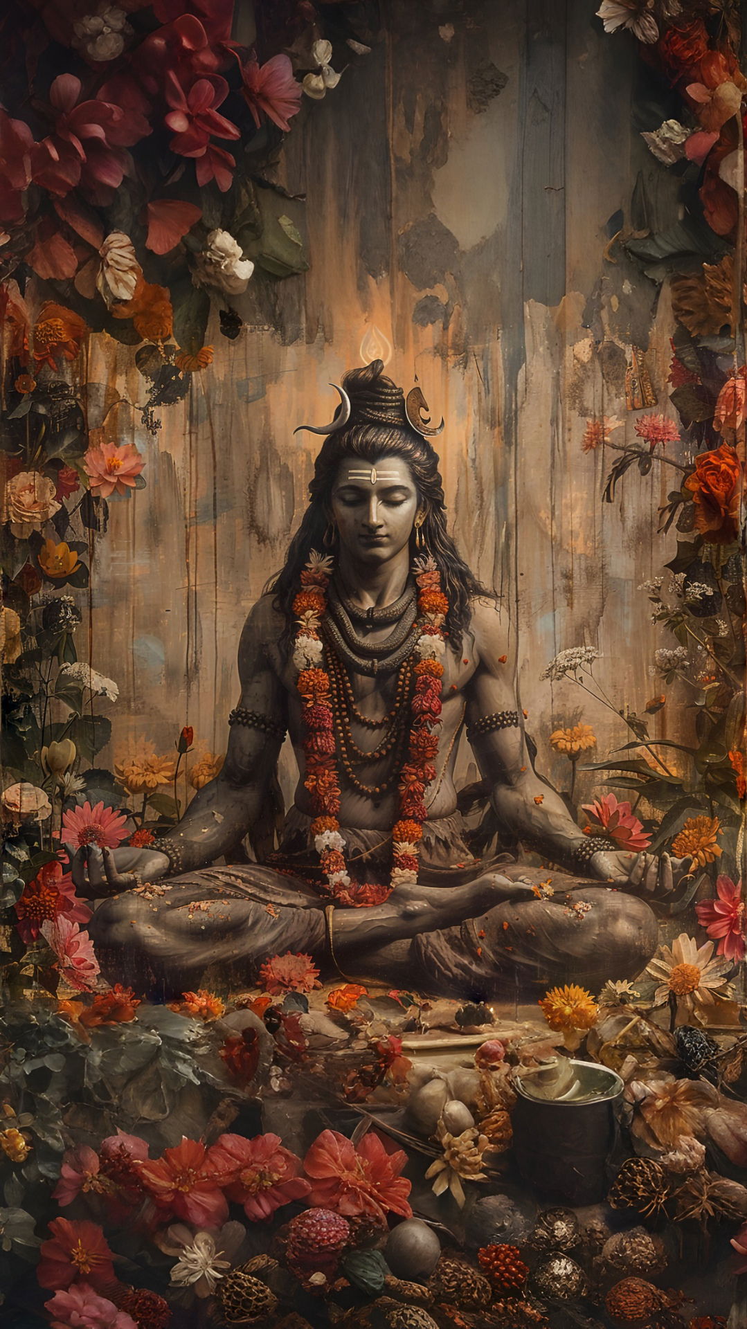 Meditating Shiva amidst blooming flowers.