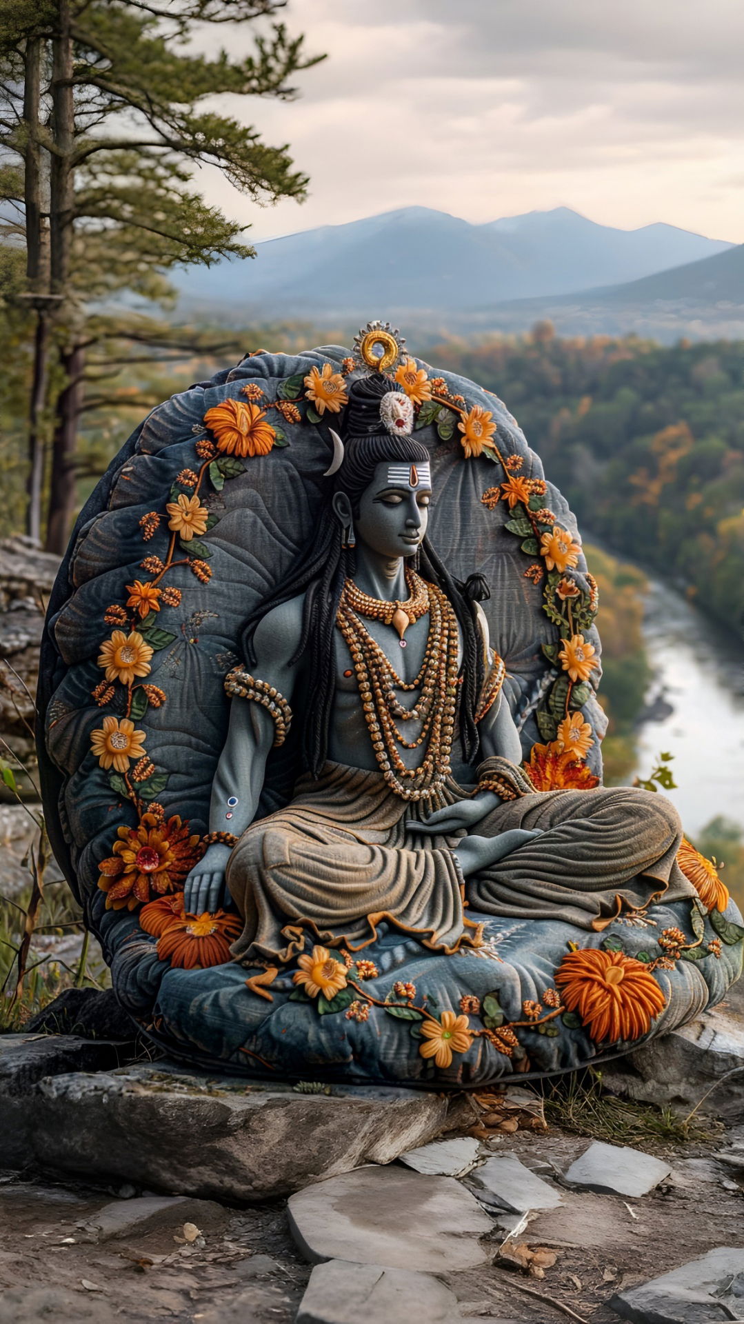 Shiva meditating amidst floral mountains