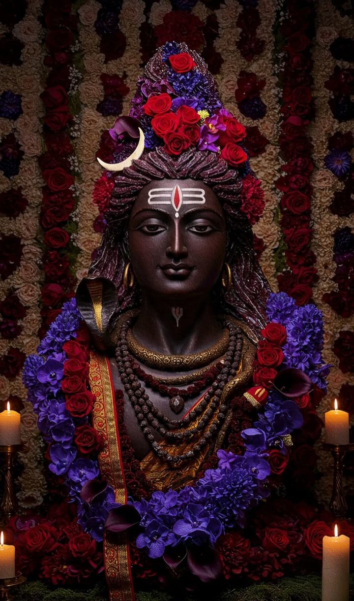 Shiva adorned with red and blue flowers
