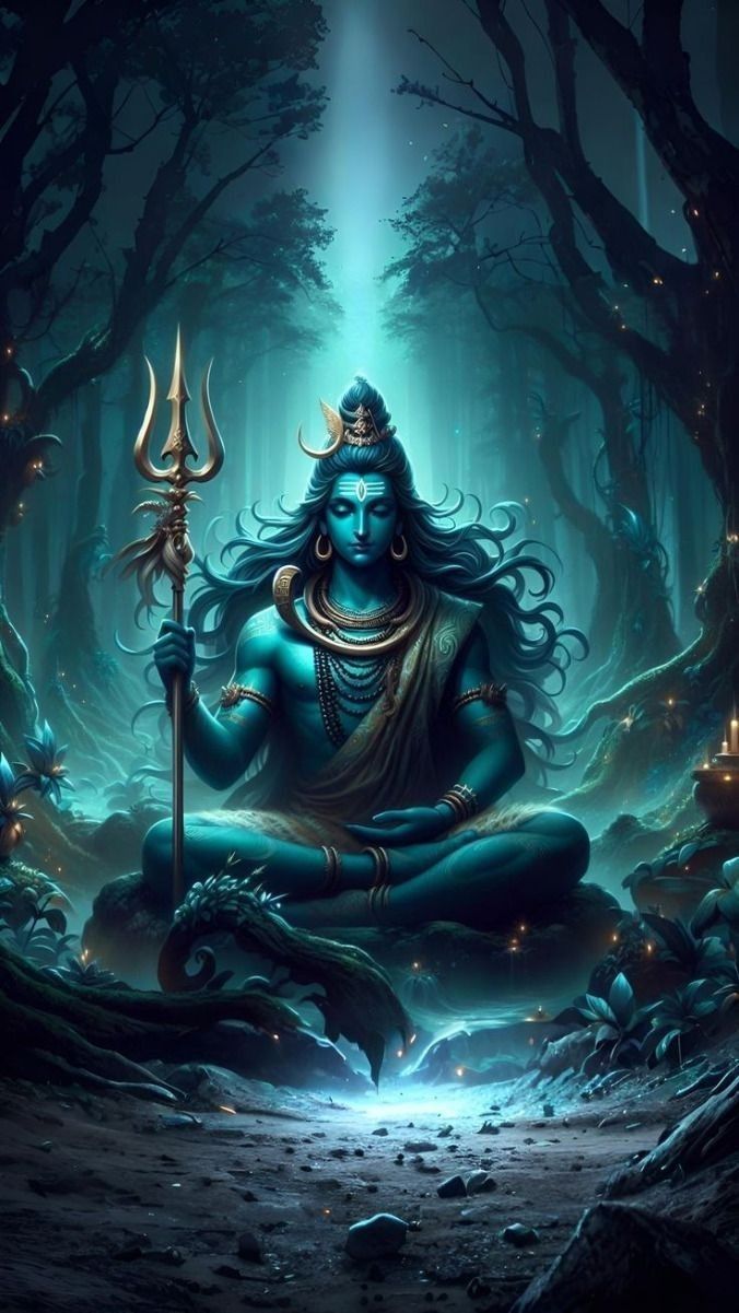 Meditating Shiva in a serene forest