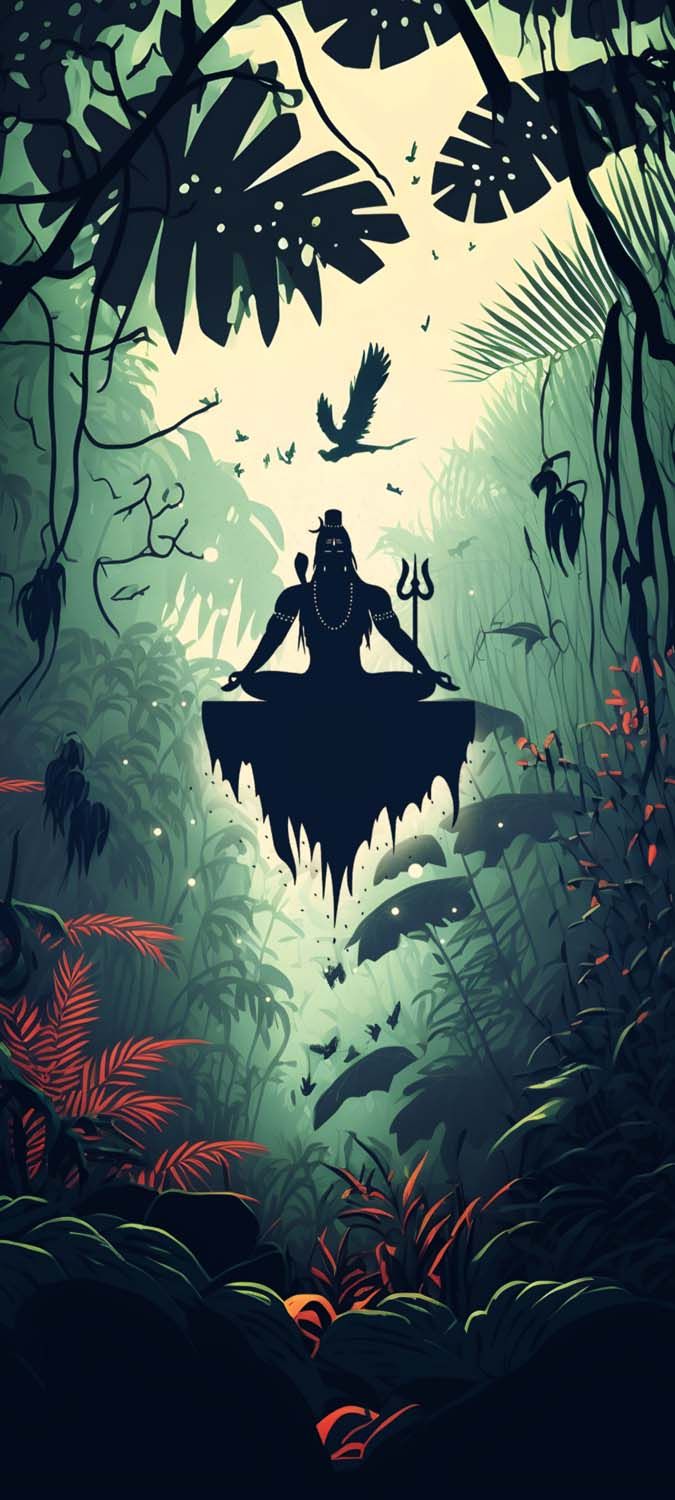 Shiva meditating in a lush forest