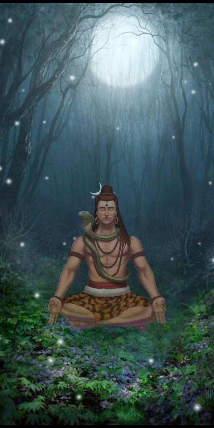 Shiva meditating in a mystical forest