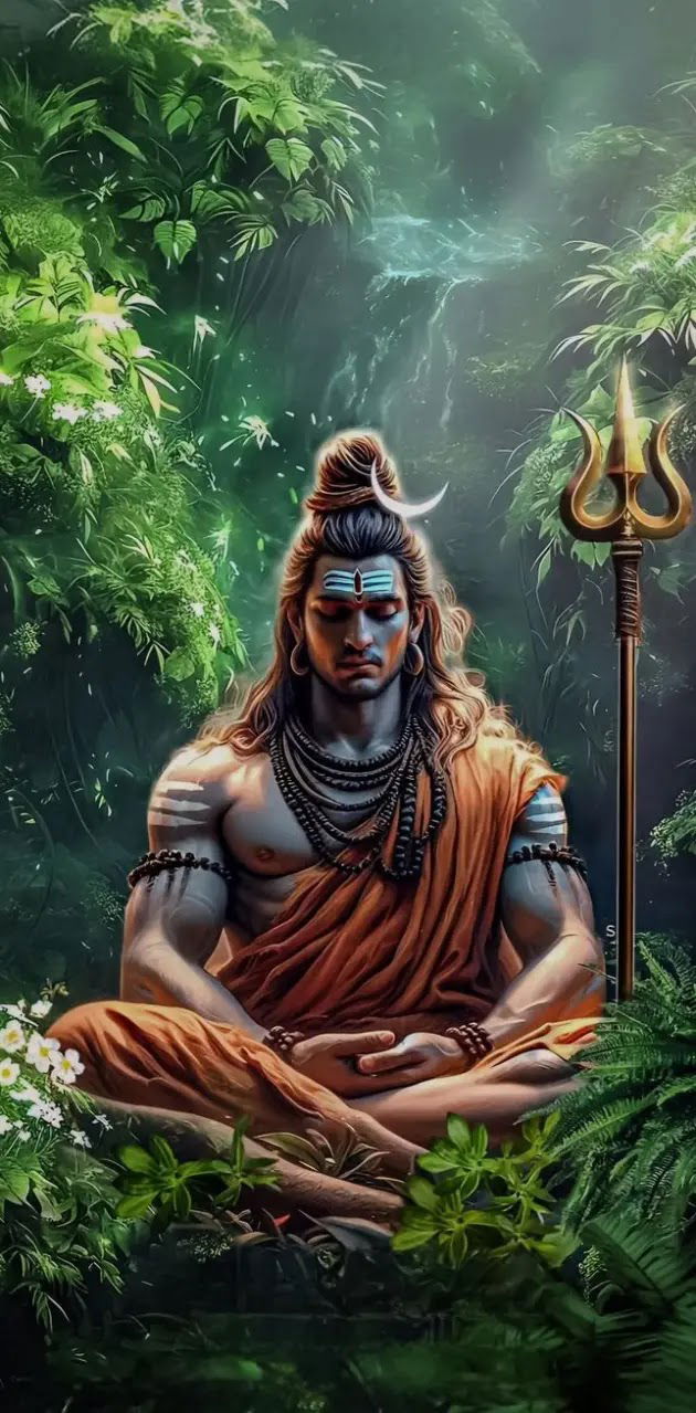 Shiva meditating in lush forest
